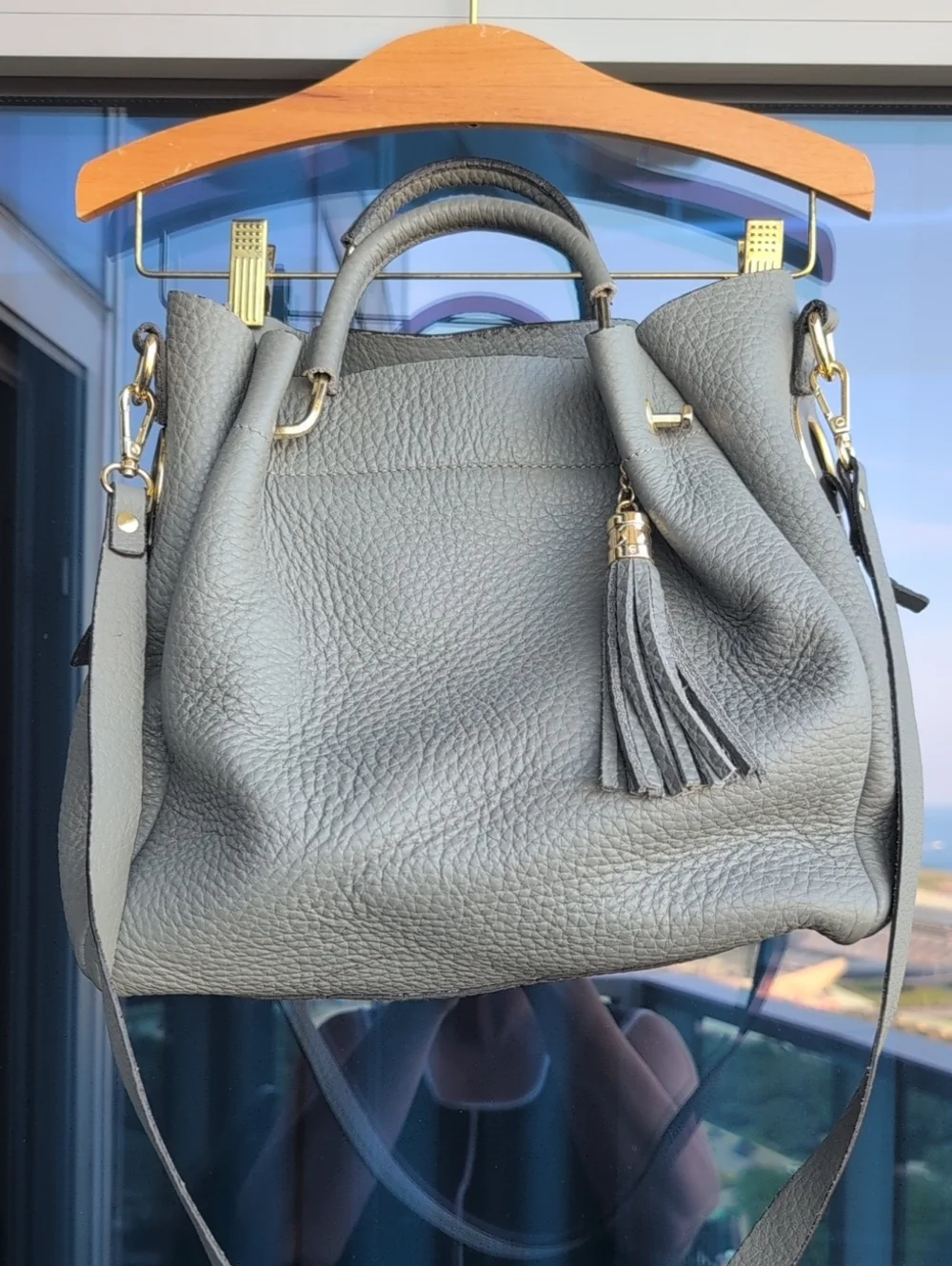 Italian Leather Tassel Satchel Handbag in Dove Gray NWOT